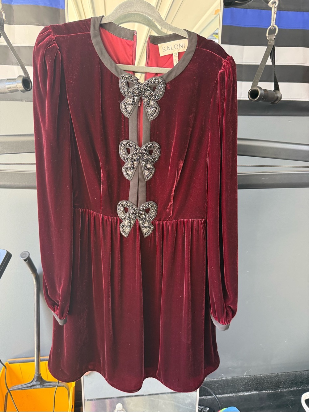 SALONI Burgundy Velvet Long-Sleeve Dress with Jeweled Bows